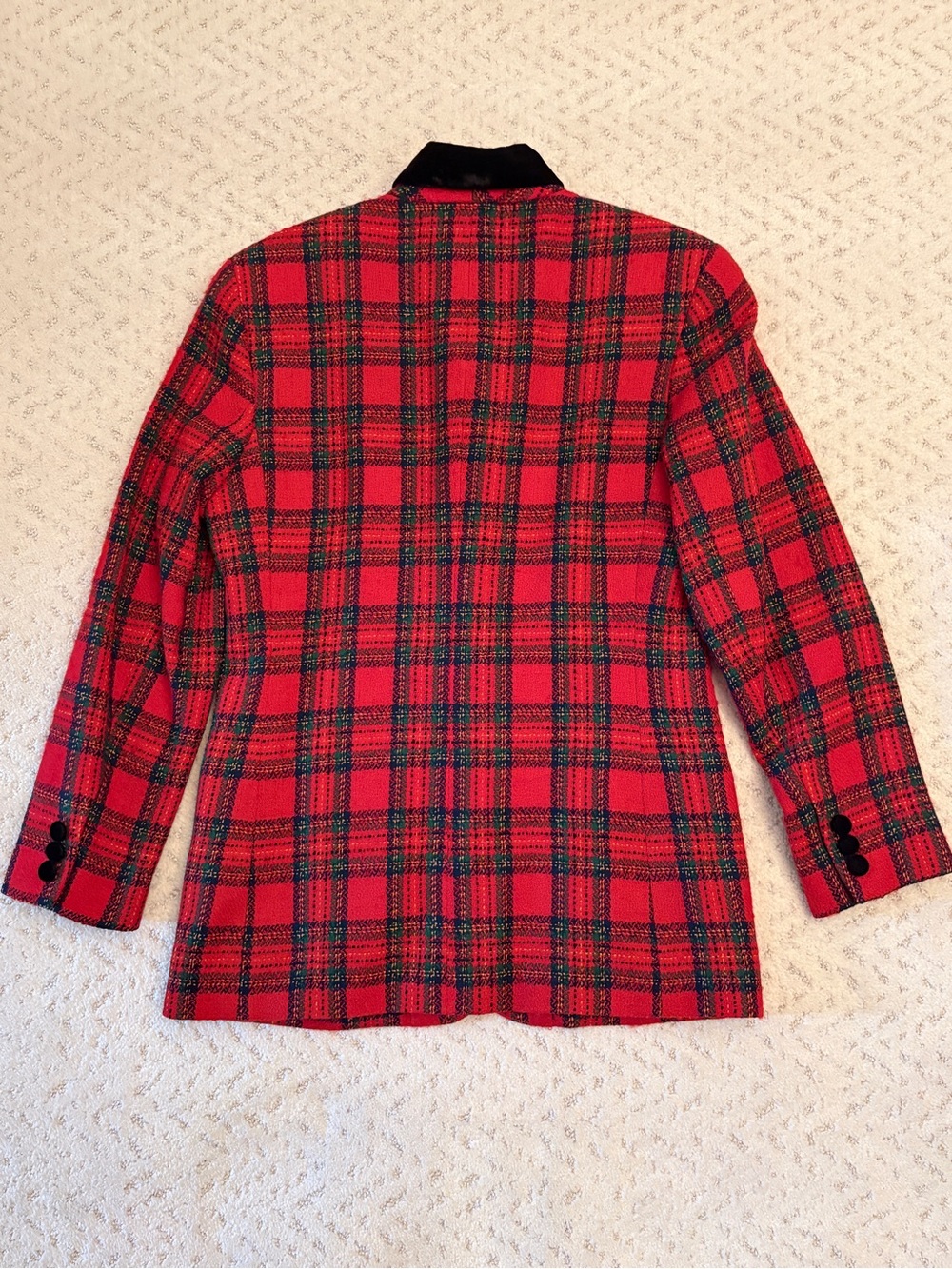 Vintage Talbots Red Plaid Tartan Wool Blazer Jacket Size 8 Black Velvet Collar - Picture 3 of 11